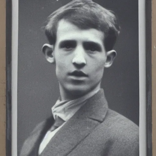 Image similar to A photo of a scottish 20 year old portrait photo infront of leaves filling the screen. Blue jacket wearing man with short hair and short facial hair. Looking directly towards camera this man with a triangular thin shape and thin nose is off center to the left of the frame.