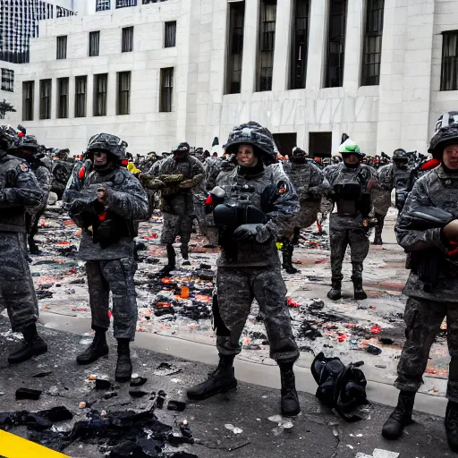 Prompt: 4 k hdr sony a 7 photo of soldiers with bitcoin logos on their helmets at a protest of thousands of people surrounding federal reserve building with us dollars burning in a pile and flying everywhere
