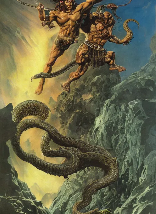 Prompt: a highly detailed symmetrical painting of conan fighting a mythical snake creature, dynamic lighting, ambient lighting, art by frank frazetta and glenn fabry and argerm, hires, 4 k