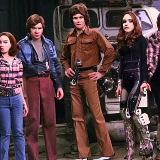 Image similar to that 70s show cast in post apocalyptic cyber punk outfits, hyper realistic, high definition