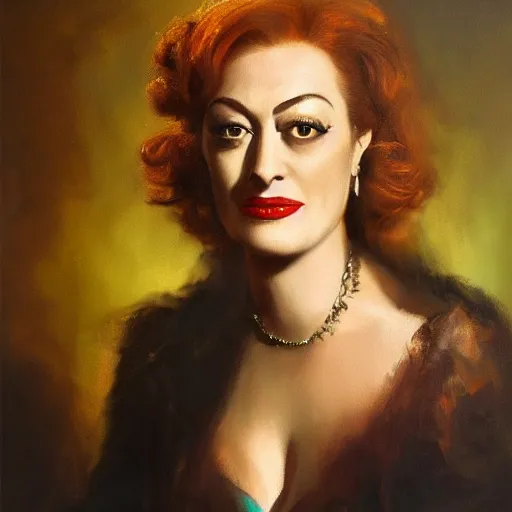 Prompt: high quality oil painting portrait of a young Joan Crawford by Rembrandt and Raymond Swanland, dark background, high fantasy, perfect lighting, 8k, HD