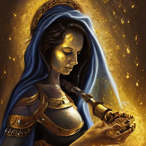 Prompt: angry beautiful Goddess of life with a veil, dark Goddess of artificial intelligence creating an artificial neural network with gold synapses on an anvil with her hammer, high resolution, award winning art, trending on art station, sharp image, incredibly detailed, detailed character, realistic painting, hyper-realistic painting, coherent painting, ethereal halls of valhalla in the background