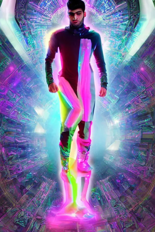 Prompt: full-body baroque and cyberpunk low-poly crystalline sculpture of attractive muscular iridescent Zayn Malik as a humanoid deity wearing a thin see-through plastic hooded cloak sim roupa, posing like a superhero, glowing pink face, crown of white lasers, large diamonds, swirling black silk fabric. futuristic elements. oozing glowing liquid, full-length view. space robots. human skulls. throne made of bones, intricate artwork by caravaggio. Trending on artstation, octane render, cinematic lighting from the right, hyper realism, octane render, 8k, depth of field, 3D