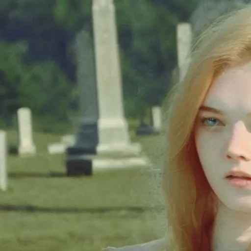 Image similar to a low - quality vhs video from 1 9 9 0 of elle fanning wandering a moonlit cemetery