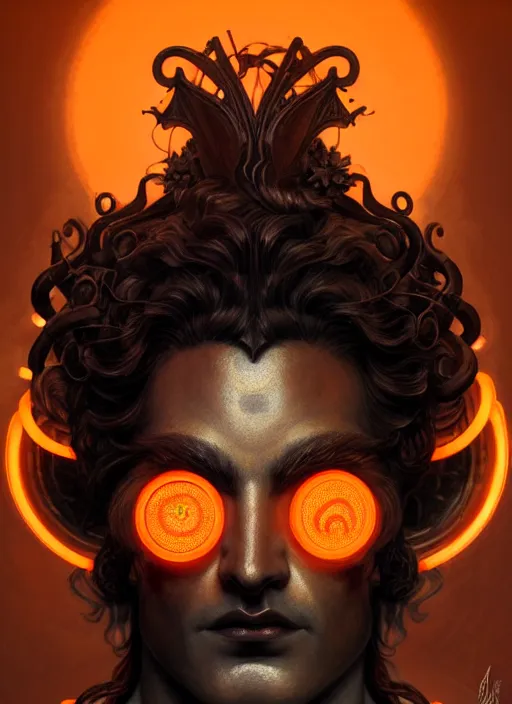 Prompt: portrait of greek god ares, black curly hair, glowing eyes, volumetric lights, face ornament, orange scheme, art nouveau botanicals, gothic, intricate, highly detailed, digital painting, artstation, concept art, smooth, sharp focus, symmetric face, illustration, steampunk, art by artgerm and greg rutkowski and alphonse mucha