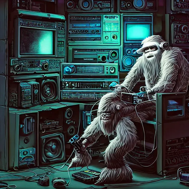 Image similar to a portrait of an anthropomorphic cyberpunk yeti podcasting while working in his secret electronics lab, detailed render, tape deck, microphone, boombox, headphones, epic composition, cybernetics, 4 k realistic, cryengine, realistic shaded lighting, sharp focus, masterpiece, by matteo scalera, gary montalbano, peter elson in the style of the tokyo ghost comic