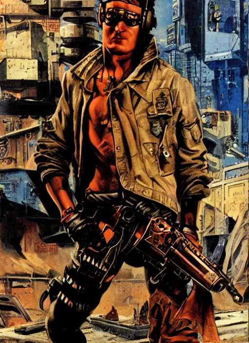 Image similar to cyberpunk mercenary. portrait by anton otto fischer and john philip falter and will eisner and gil elvgren