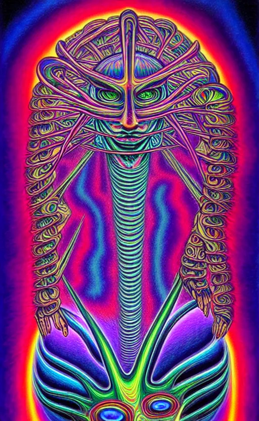 Prompt: trippy psychedelic alien world by alex grey