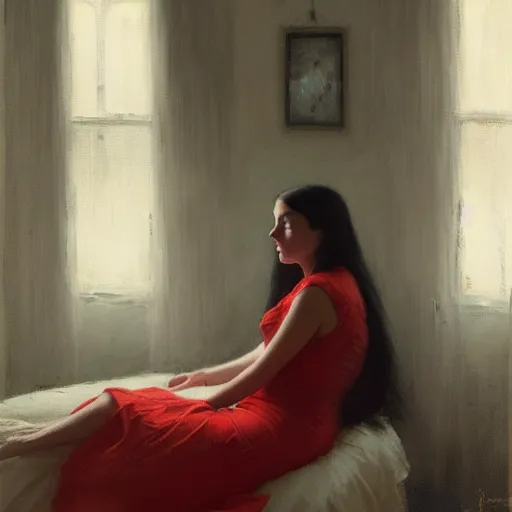 Image similar to beautiful girl with long black hair, in backless red dress, backview, sitting on edge of bed, in a candle lit room, by jeremy lipking, tim rees, joseph todorovitch