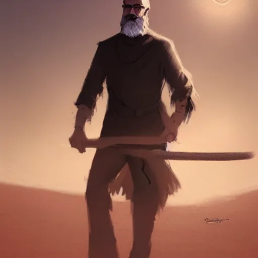 Image similar to commission of a young man with gray hair,a stylish beard,walking through a desert with a glowing stick,digital art,art by greg rutkowski,trevor henderson,rossdraws,character design,concept art,western comic style,sharp lines,photorealiatic,hyperdetailed,detailed face,high quality,professional lighting,dramatic