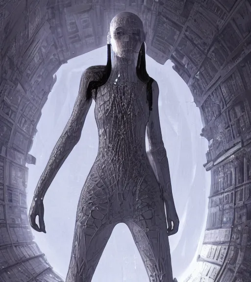 Image similar to canon photo of tarkovsky greatest scene, aura of the ancient destroyed majestic tower of babylon, a woman in futuristic cyber clothing, transparent puffer jacket, hyperealistic, blockchain, cyber world, ambient lighting, concept art, intricate, hyper detailed, smooth, dynamic volumetric lighting, ocatane, ray trace, cinematic, high quality, cgsociety