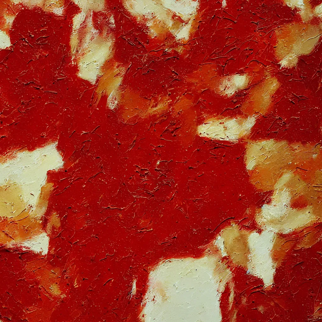 Image similar to thick creamy impasto, white thick heavy brush marks on a dark red background, on top of this are pale olive impasto brush marks and on top of that vermillion brush marks - i