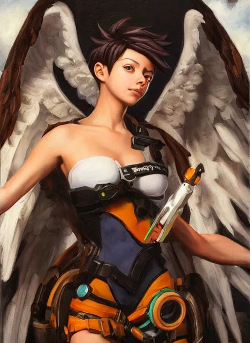 Prompt: oil painting of tracer overwatch in the style of sophie anderson, on knees, angel wings, black outfit,