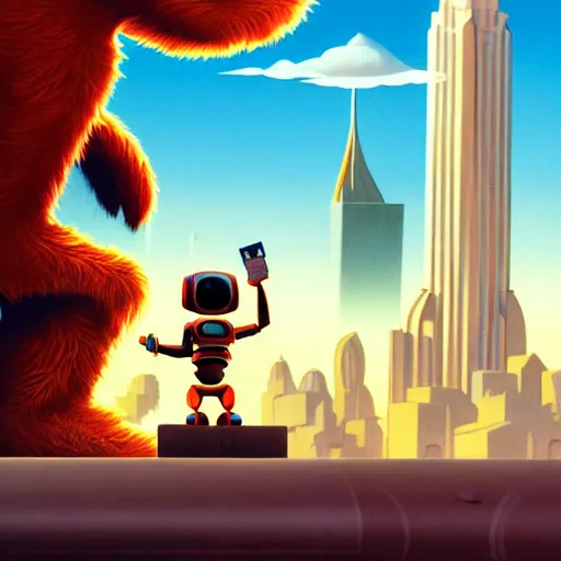 Image similar to a spectacular film poster of an adventurous boy ( facing the camera ) and his small robot friend, modern city background, eleborate composition with foreground and background, depth of field, fantasy illustration by kyoto studio and don bluth, disney animation film poster, cinematic lighting