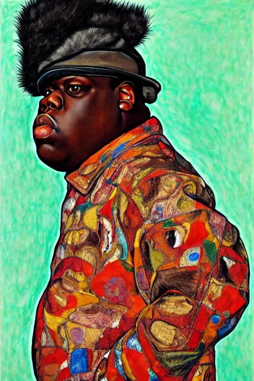 Prompt: a portrait of biggie smalls wearing boho - chic style clothes, with a fur muffler, full body!!, realistic painting in egon schiele style, masterpiece, hyperdetailed, complex, intricate, 4 k, trending on artstation