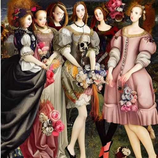 Image similar to oil painting heavy brushstrokes, renaissance, baroque, group of creepy young ladies wearing renaissance long harajuku manga dress with flowers and skulls, background chaotic flowers