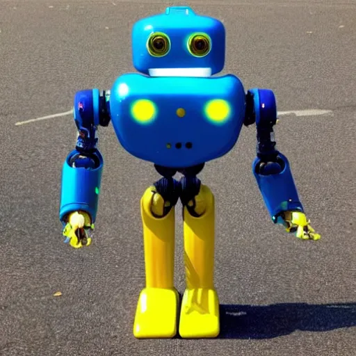 Prompt: A full body shot of a robot that is primarily blue with some yellow accents. It has two arms, two legs, and a round head. Its eyes are glowing red and it has a jetpack on its back.