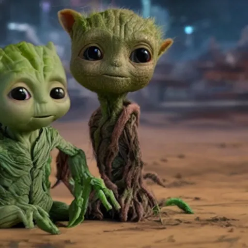 Image similar to baby groot and baby yoda having fun playing games, highly detailed