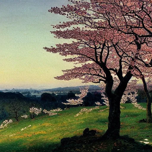 Prompt: beautiful landscape with cherry trees, painted by Caspar David Friedrich, painting