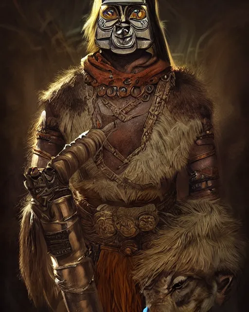 Prompt: digital painting of horrifying masked incan warrior, by filipe pagliuso and justin gerard, symmetric, fantasy, highly detailed, realistic, intricate, portrait, sharp focus, tarot card, face, handsome, peruvian