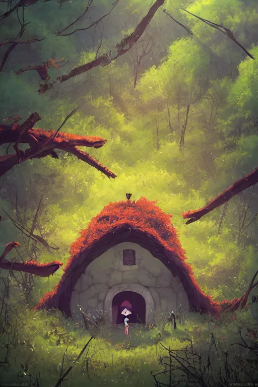 Image similar to a lonely witch's hut in a clearing in the forest on which a giant spaghetti monster is approaching, top view rule of thirds golden ratio, fake detail, trending pixiv fanbox, acrylic palette knife, style of makoto shinkai studio ghibli genshin impact james gilleard greg rutkowski chiho aoshima