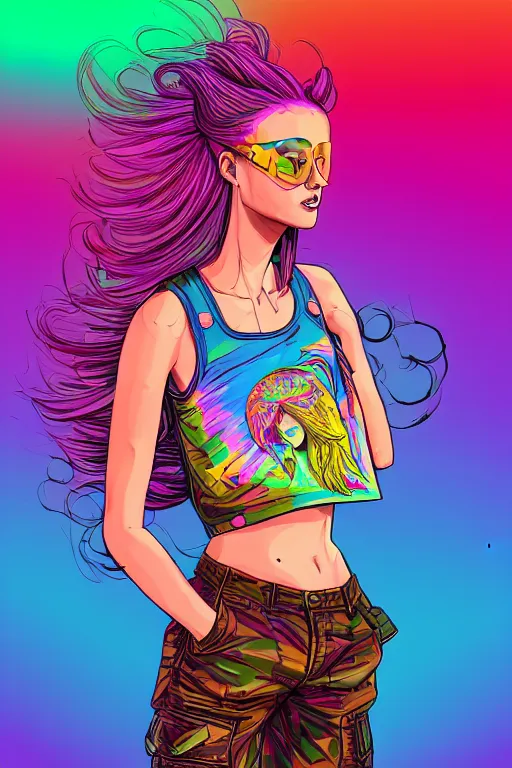 Image similar to a award winning half body portrait of a beautiful woman with stunning eyes in a printed croptop and cargo pants with rainbow colored ombre hairstyle head in motion and hair flying by josan gonzales, outrun, vaporware, shaded flat illustration, digital art, trending on artstation, highly detailed, fine detail, intricate