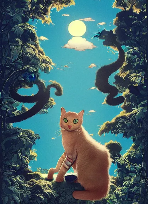 Image similar to a hyper realistic ink cat and the meaning of life and sunbeams blue sky, lush forest poster art by chiara bautista and kim jung giu and norman rockwell and greg rutkowski weta studio, and lucasfilm