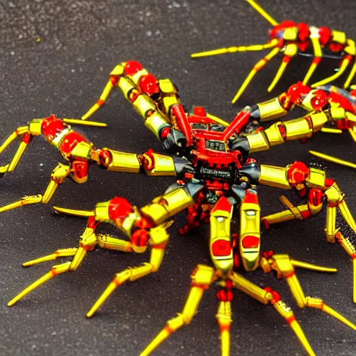 Prompt: an army of cyborg mechanical spiders, covered with red and yellow armor, 85mm 4K photo