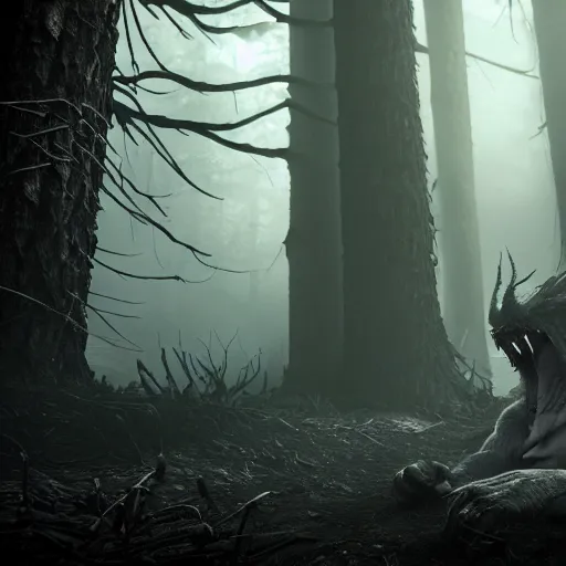 Prompt: monster with claws and big teeths, in a foggy forest, beautiful dynamic dramatic dark moody lighting, cinematic atmosphere, stunning shadows, octane render, bloodborne style, 8 k, photorealistic