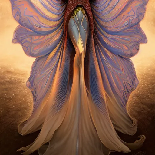 Image similar to a beautiful symmetrical plus size woman full body wearing algerian kaftan with translucent wings by alex gray and android jones , Karol Bak, Ayami Kojima, Amano , concept art, character design, fantasy,3D, 8k resolution