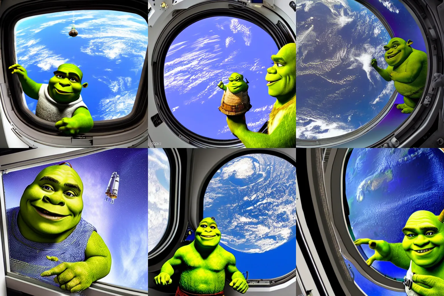 Prompt: shrek on the international space station, staring at earth through a window, photo by nasa, 4 k