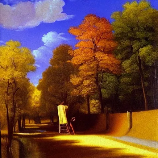 Image similar to \'The road to the autumn rainbow\' a photorealistic oil acrylic painting by Johannes Vermeer