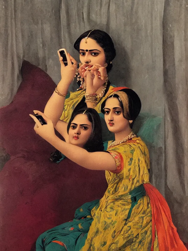 Image similar to a portrait of a lady using iphone and cliking selfie, painting by raja ravi verma