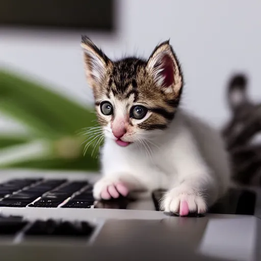 Image similar to photorealistic image of a single kitten playing on a laptop keyboard writing a letter to his friend