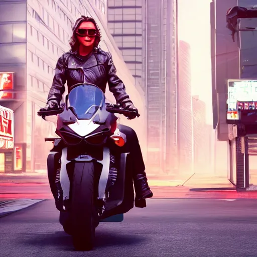 Image similar to A film still of a female terminator holding a kinfe and riding a red sports bike in a cyberpunk city