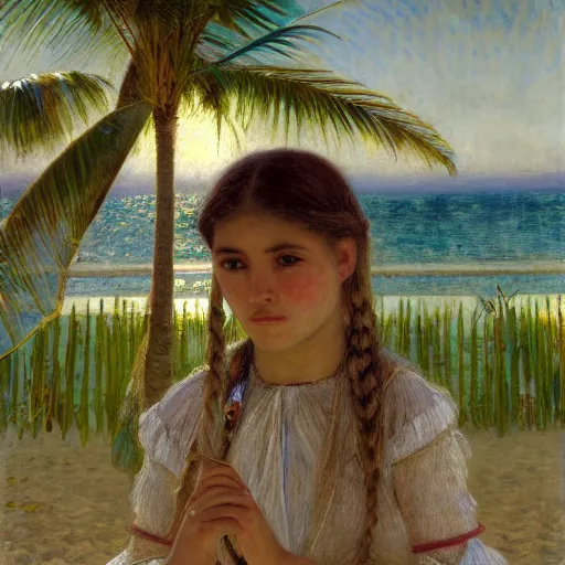 Image similar to a ultradetailed beautiful painting of a girl in the amazonas palace designed by jules bastien - lepage, hans belmer, frank weston and gustave baumann, beach, trending on artstation, mediterranean, palm trees, light sparkles, sharp focus, soft light, 8 k 4 k