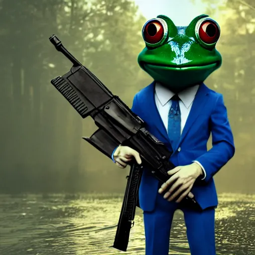 Image similar to cinematic shot of an anthropomorphic frog wearing a blue suit holding a black ak-47 in a swamp, highly intricate, highly detailed, epic,