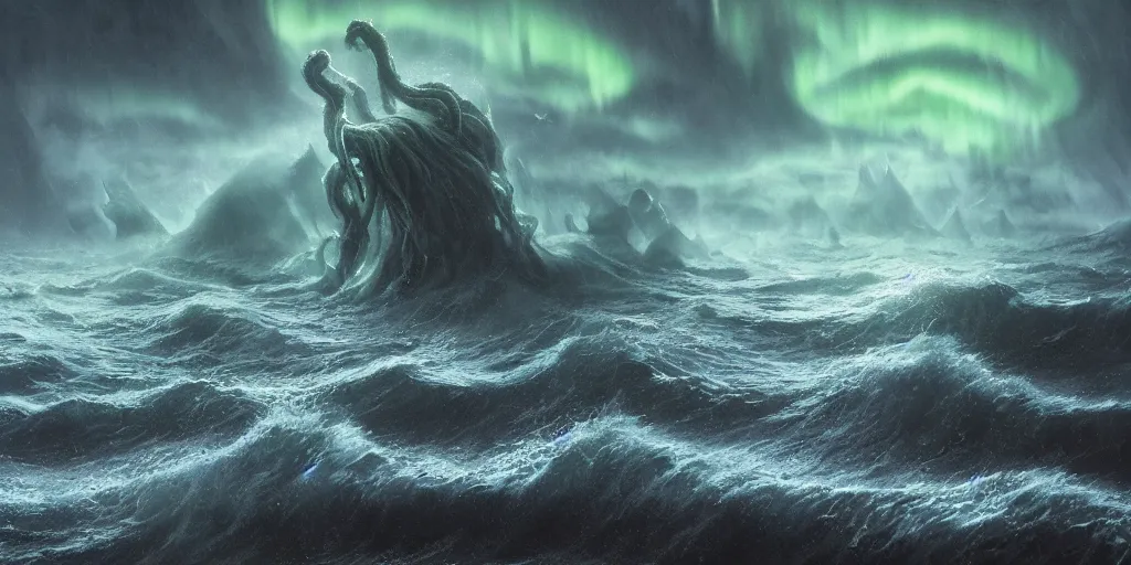 Prompt: evil eldritch lovecraftian scenery seascape, lord of the rings, rough oceans, aurora borealis, mist, leviathan, tentacles, stormy weather, waves, highly detailed, bleak color, perfect lighting, perfect composition, 8 k, brian froud, artgerm, derek zabrocki, greg rutkowski