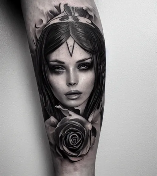 Image similar to tattoo design on white background of a beautiful girl warrior, roses, hyper realistic, realism tattoo, by eliot kohek, beautiful eyes, realistic face, black and white