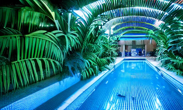 Image similar to indoor pool with ferns and palm trees at night, pool tubes, chromatic abberation, dramatic lighting, depth of field, 80s photo