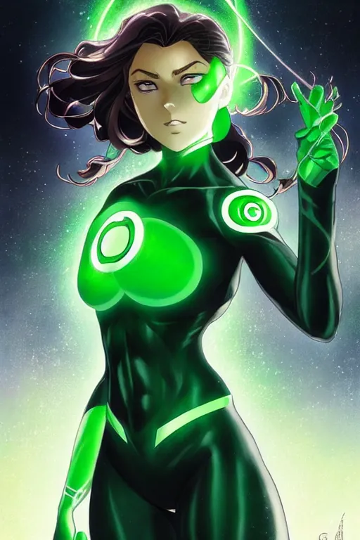 Image similar to anime key visual of a beautiful young female green lantern!! intricate, green and black suit, glowing, powers, dc comics, cinematic, stunning, highly detailed, digital painting, artstation, smooth, hard focus, illustration, art by artgerm and greg rutkowski and alphonse mucha