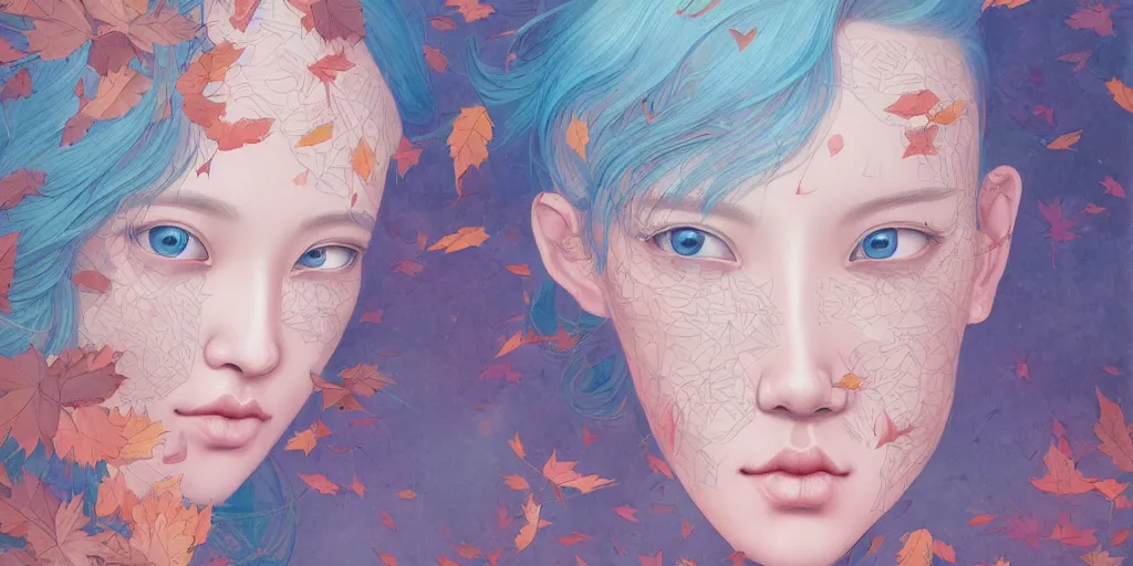 Prompt: breathtaking detailed concept art painting pattern with gradient pastel colors of blue hair faces goddesses amalgamation autumn leaves, by hsiao - ron cheng and james jean, bizarre compositions, exquisite detail, 8 k