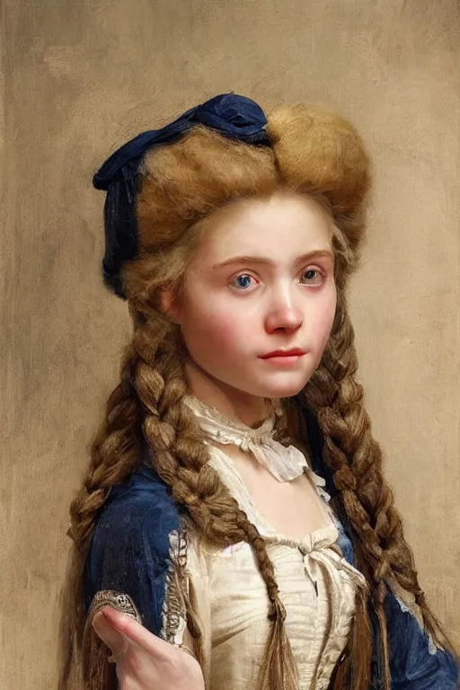 Prompt: museum painting, close - up, 1 4 years old girl,!!! very blonde!!! gathered hair in braids, mischievous face, dressed in 1 7 th century clothes, sharp focus, highly detailed, digital art, oil painting, masterpiece, artgerm, rutkowski