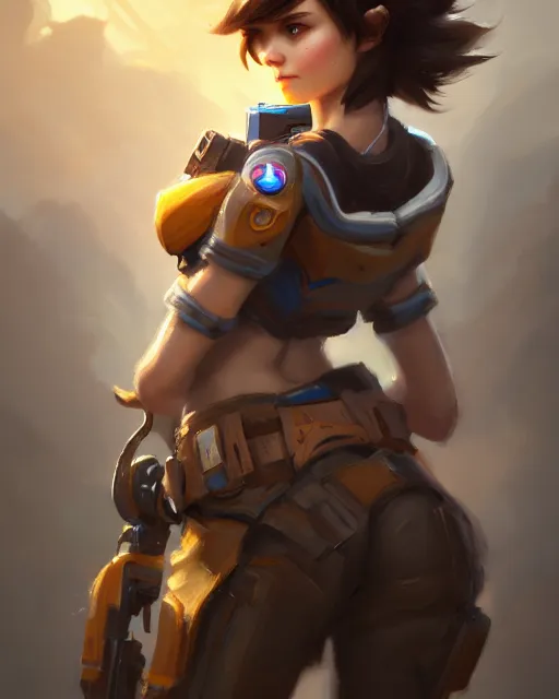 Prompt: play of the game of tracer, perfect face, brown hair, abs, cinematic, stunning, cute, adorable, strong, highly detailed, psychedelic, digital painting, artstation, smooth, hard focus, illustration, art by jessica rossier and and brian froud