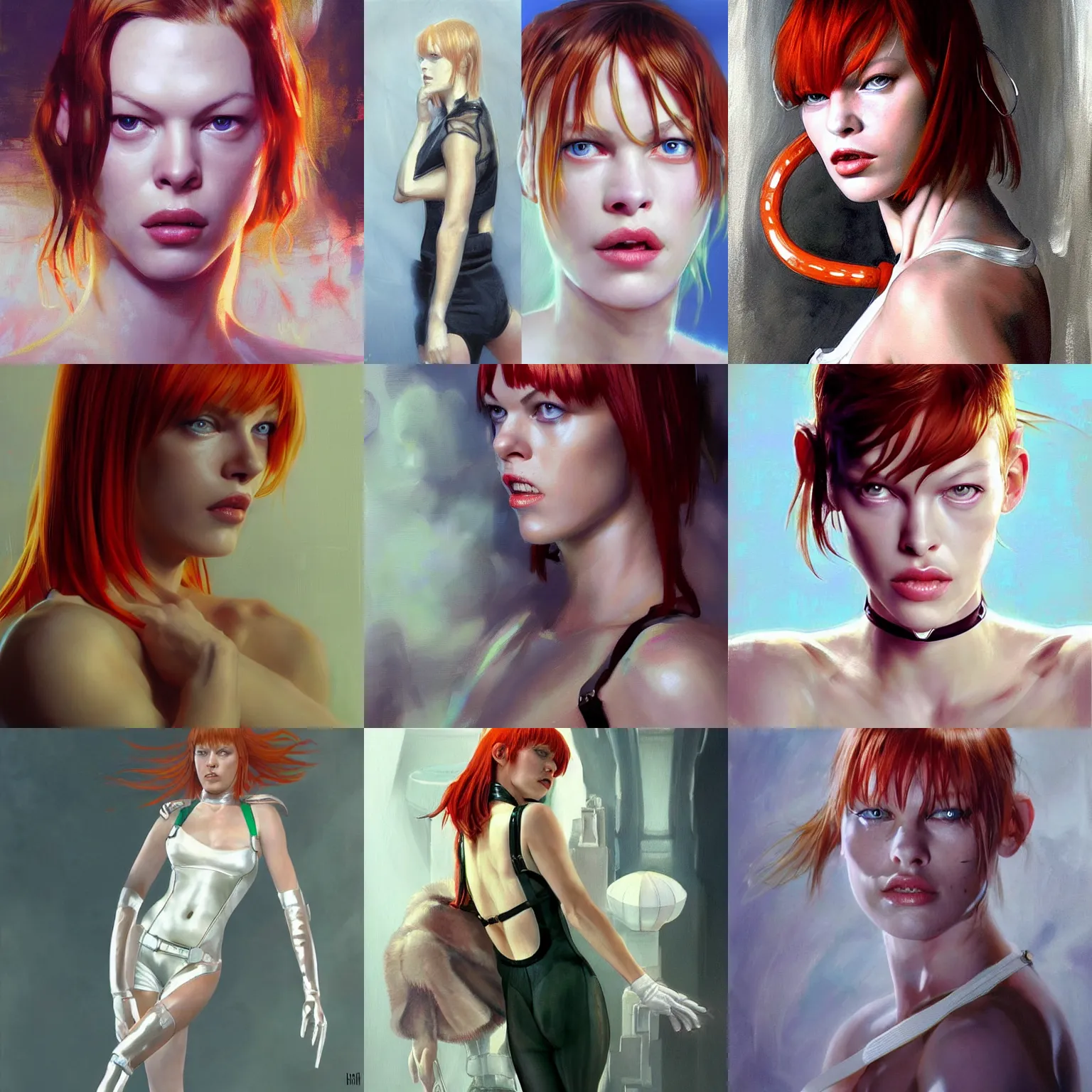 Prompt: painting of a beautiful young Milla Jovovich as Leeloo in ‘The Fifth Element’, partially clothed in white plastic straps, intricate, elegant, digital painting, concept art, smooth, sharp focus, illustration, by Ruan Jia and Mandy Jurgens and Greg Rutkowski and Artgerm and William-Adolphe Bouguerea and artgerm