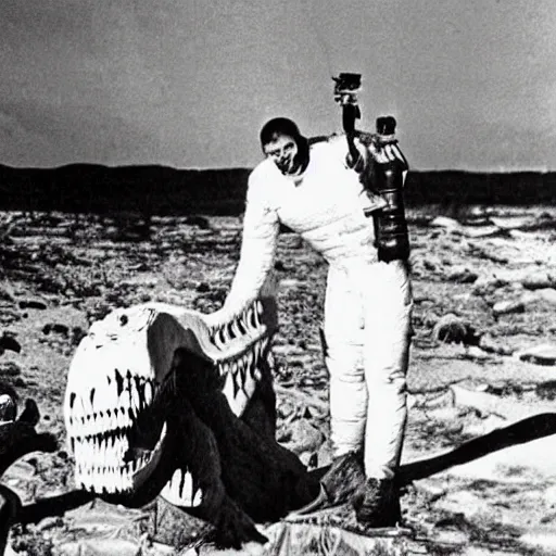 Image similar to a mummified t-rex corpse found in the artic with a man standing next to the t-rex corpse and waving at the camera, he is wearing a white full body suit, taken by a ww2 camera.