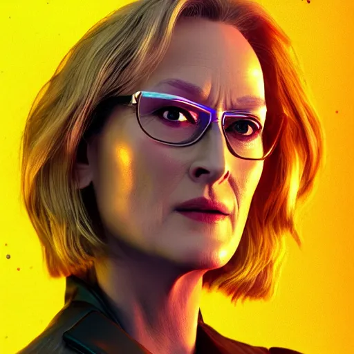 Image similar to Meryl Streep portrait, Cyberpunk 2077, ultra photorealistic, cybernetic body parts, neon, octane, bokeh, 8k