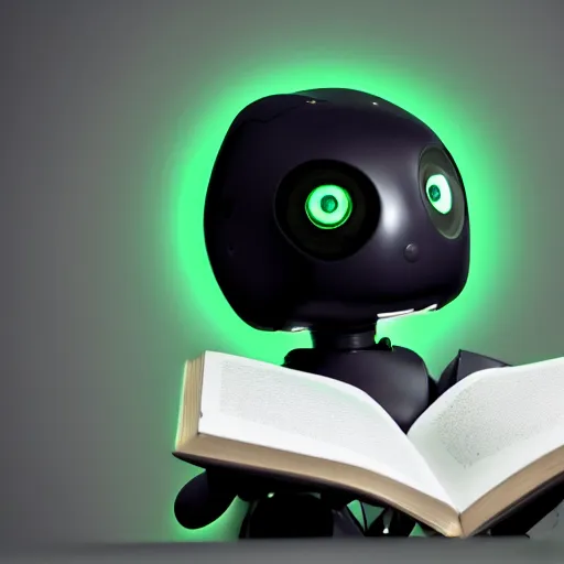 Image similar to futuristic lonely matte dark gray and glossy translucent green full-body humanoid robot with huge expressive comically sad LED eyes and open rectangular mouth sitting on a large comfortable cushioned vintage recliner reading a hardbound leather book. Cinematic Lighting, Cinematic Movie Photograph, Arri Alexa, Extremely Detailed, smooth, very very clean, simple, 8K, octane render, maya render, unreal engine, trending on artstation, DSLR, excellent composition, moody