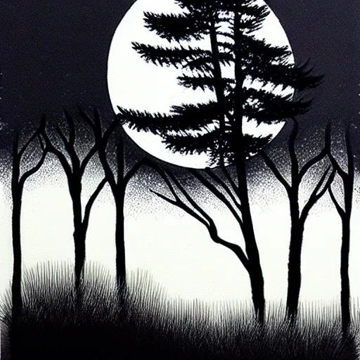 Prompt: moon above forest, zen ink