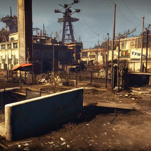 Prompt: San Leone, Italy in ruins post-nuclear war in Fallout 4, in game screenshot